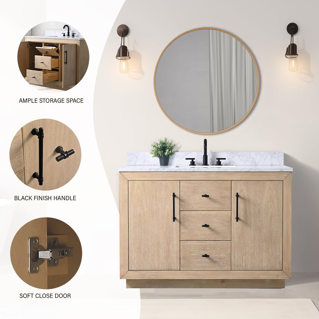 HOMEBEYOND 72" Bathroom Vanity with Double Sink & Ceramic Top, MDF Material Vanity Cabinet with Basin Combo, Soft-Closing Doors, Removable Shelf, Backsplash, Tan