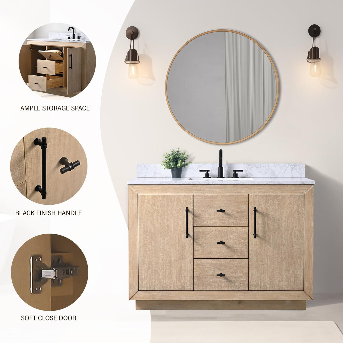 HOMEBEYOND 72" Bathroom Vanity with Double Sink & Ceramic Top, MDF Material Vanity Cabinet with Basin Combo, Soft-Closing Doors, Removable Shelf, Backsplash, Tan