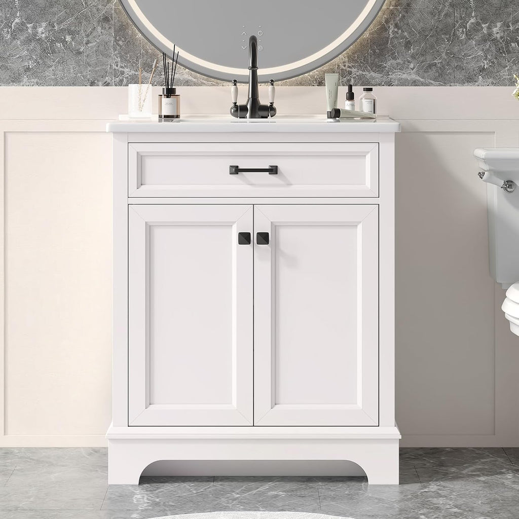 ONBRILL 28" Bathroom Vanity with Ceramic Sink, Soft Close Doors,White