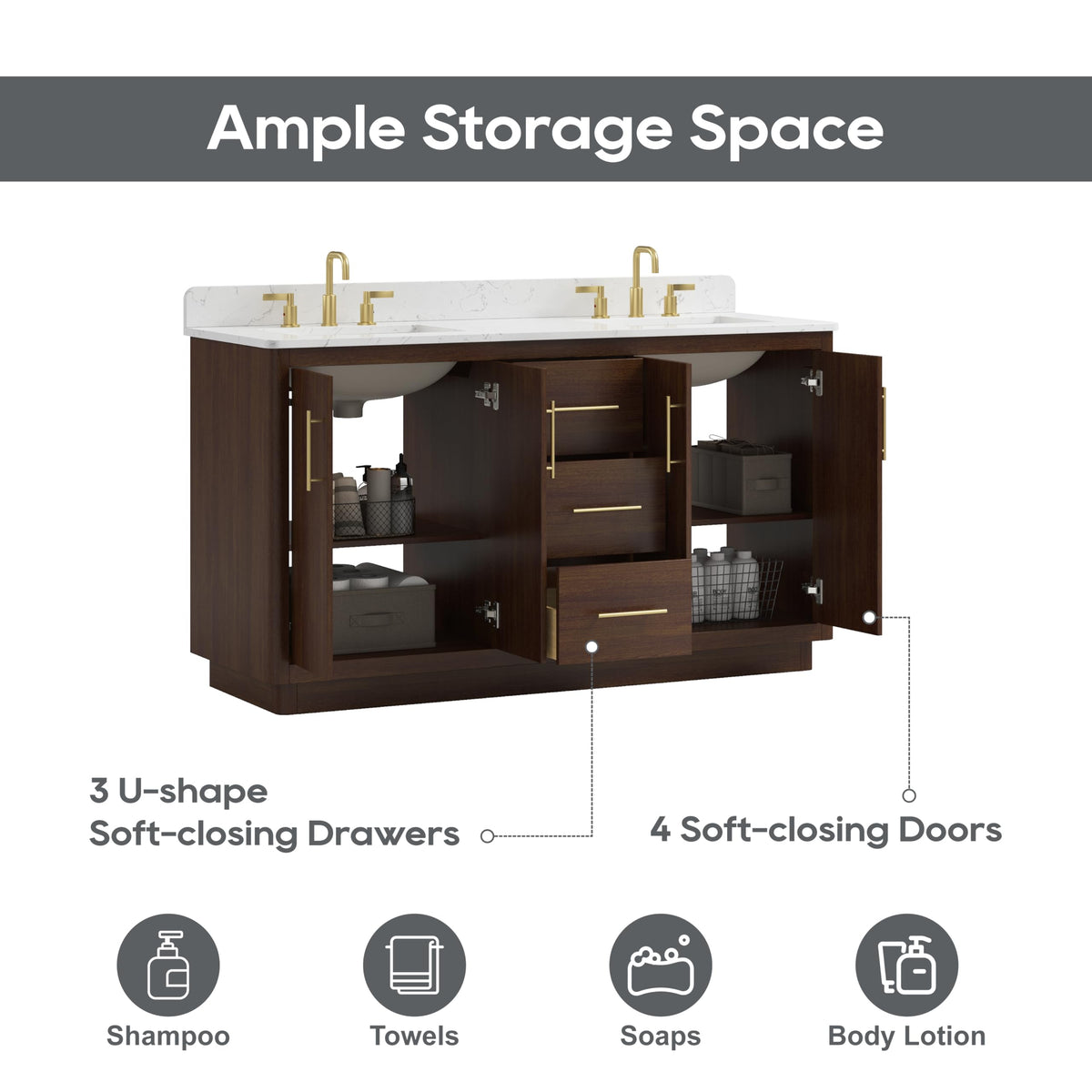 60 Inch Bathroom Vanity with Double Sink Combo, Greige