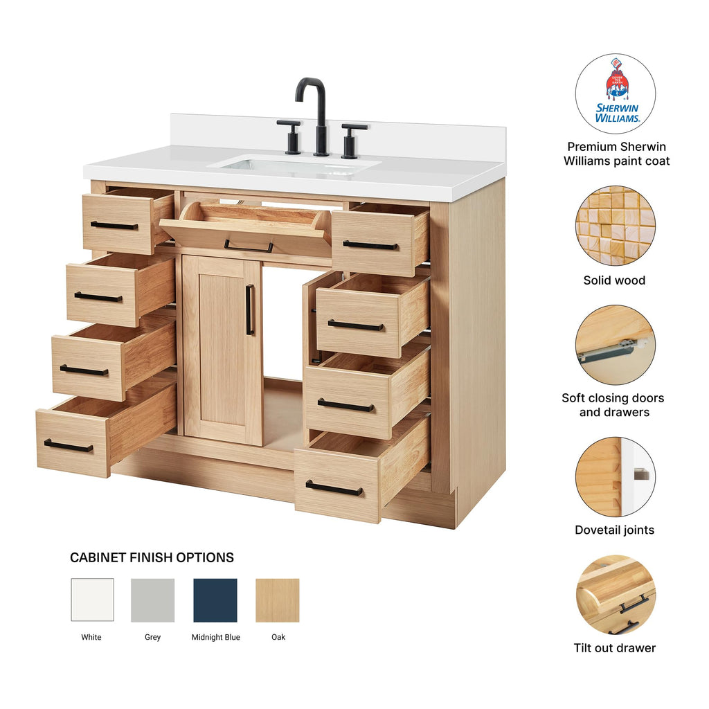 DKB Beckford 42-Inch White Bathroom Vanity with Sink, Solid Wood Base Cabinet, 1.5" White Quartz Countertop, Rectangular Sink, 2 Soft Closing Doors, 9 Drawers