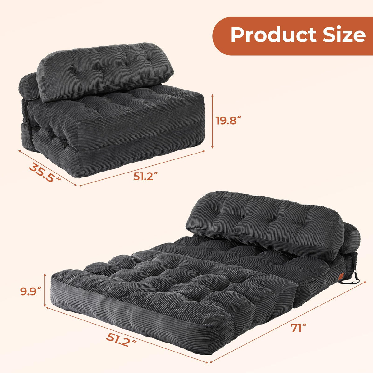 Folding Sofa Bed, Convertible Sleeper Chair with Back Support and Pillow