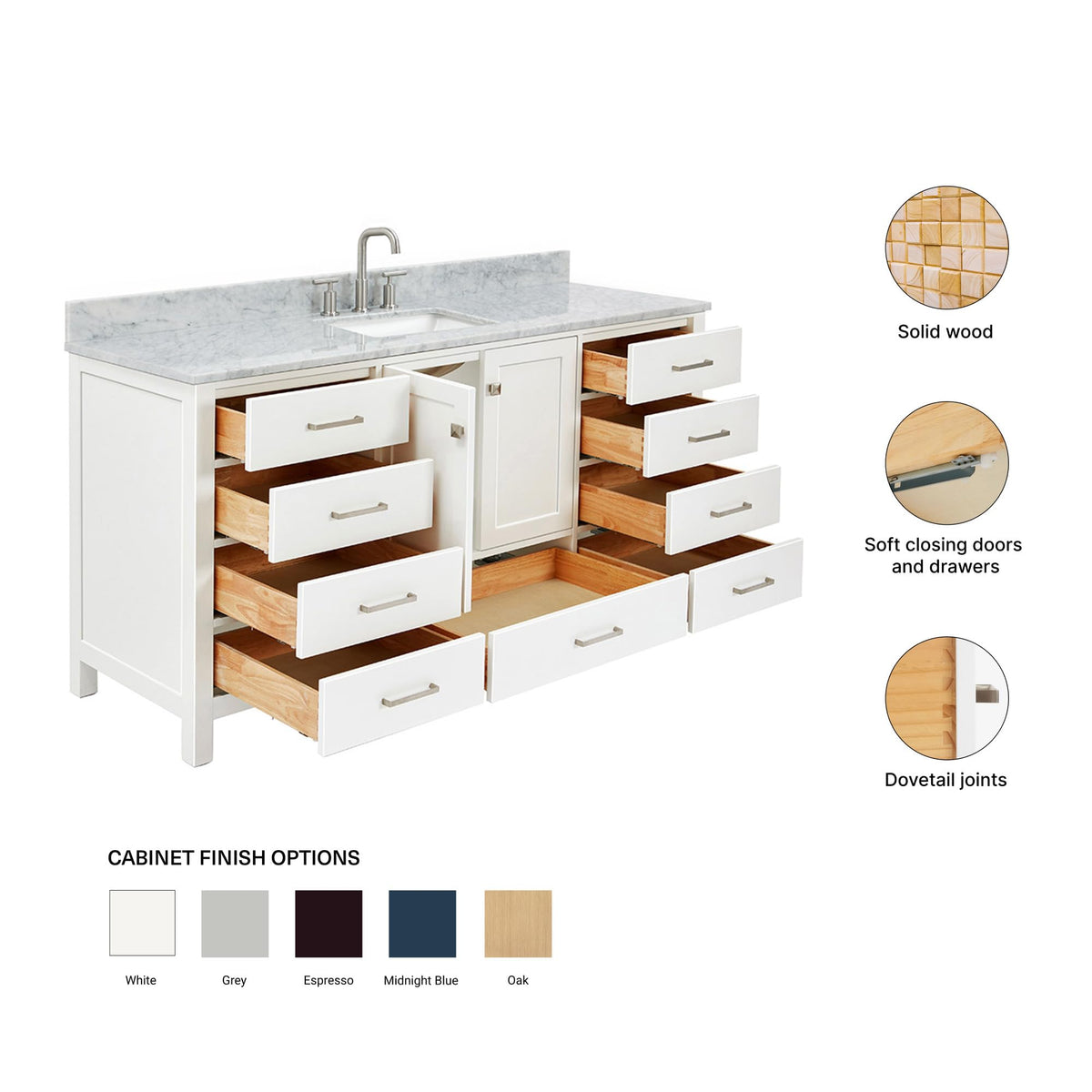 ARIEL Cambridge 66-inch Bathroom Vanity with Sink,Solid Wood, 1.5-inch Italian Carrara Marble Countertop, Single Rectangular Porcelain Sink, 2 Soft Closing Doors, 9 Dovetail Drawers, Midnight Blue