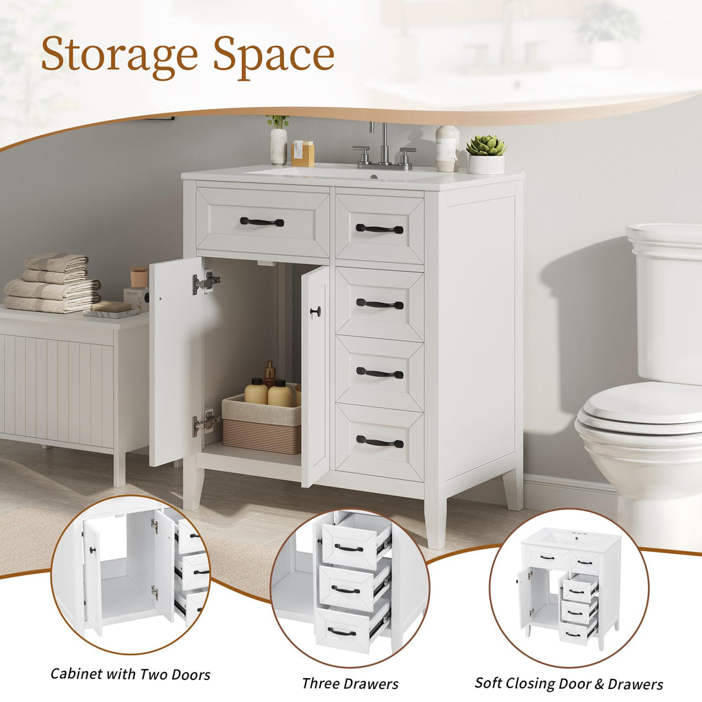 36 Inch Bathroom Vanities with Undermount Ceramic Sink, Storage Cabinet with Soft Closing Doors and Three Drawers, Solid Wood Frame, Natural Wood