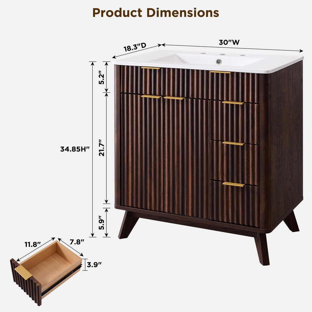 T4TREAM 60" Fluted Bathroom Vanity with Resin Sink Combo, Natural Oak