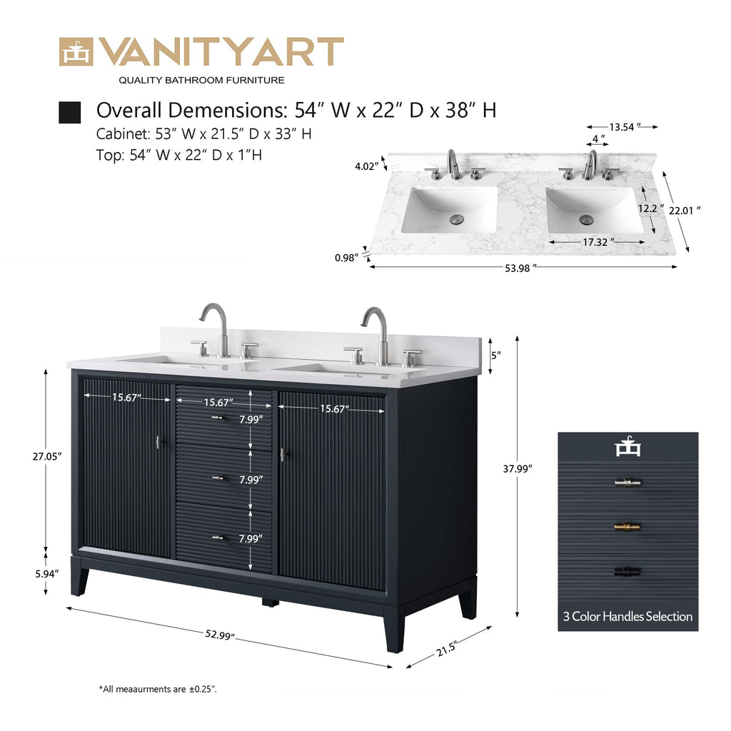 Vanity Art 72" Bathroom Vanity with Double Sink & Arabescato White Engineered Stone Top, Vanity Cabinet with Soft Closing Door, Solid Wood Frame, Golden Brushed Handles, Walnut VA8172D-Walnut-GB