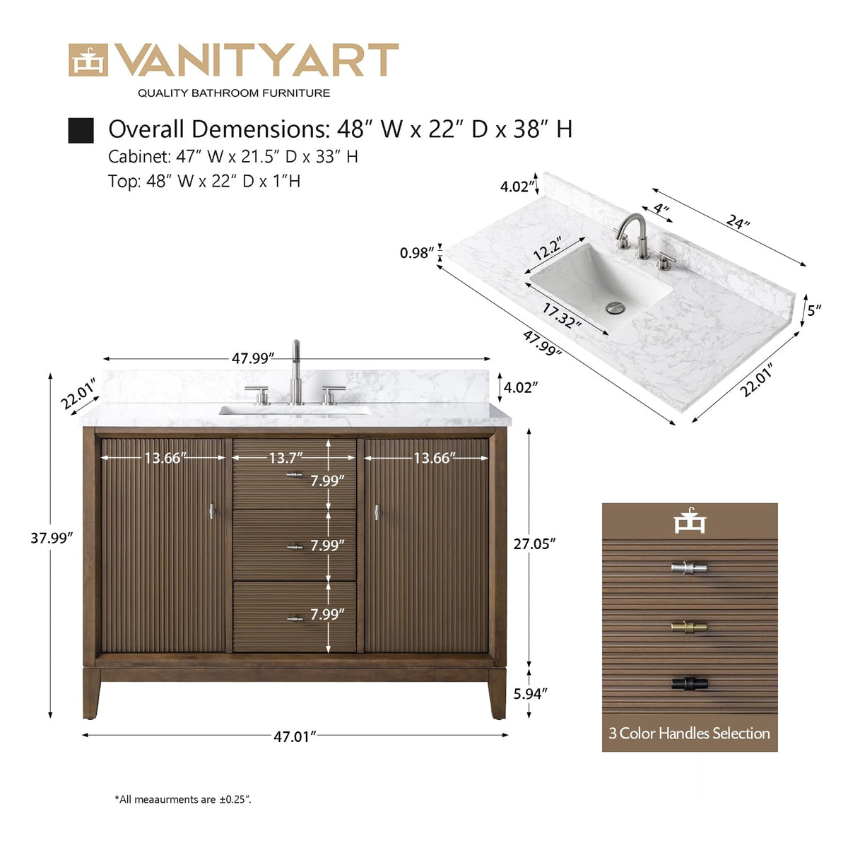 Vanity Art 72" Bathroom Vanity with Double Sink & Arabescato White Engineered Stone Top, Vanity Cabinet with Soft Closing Door, Solid Wood Frame, Golden Brushed Handles, Walnut VA8172D-Walnut-GB