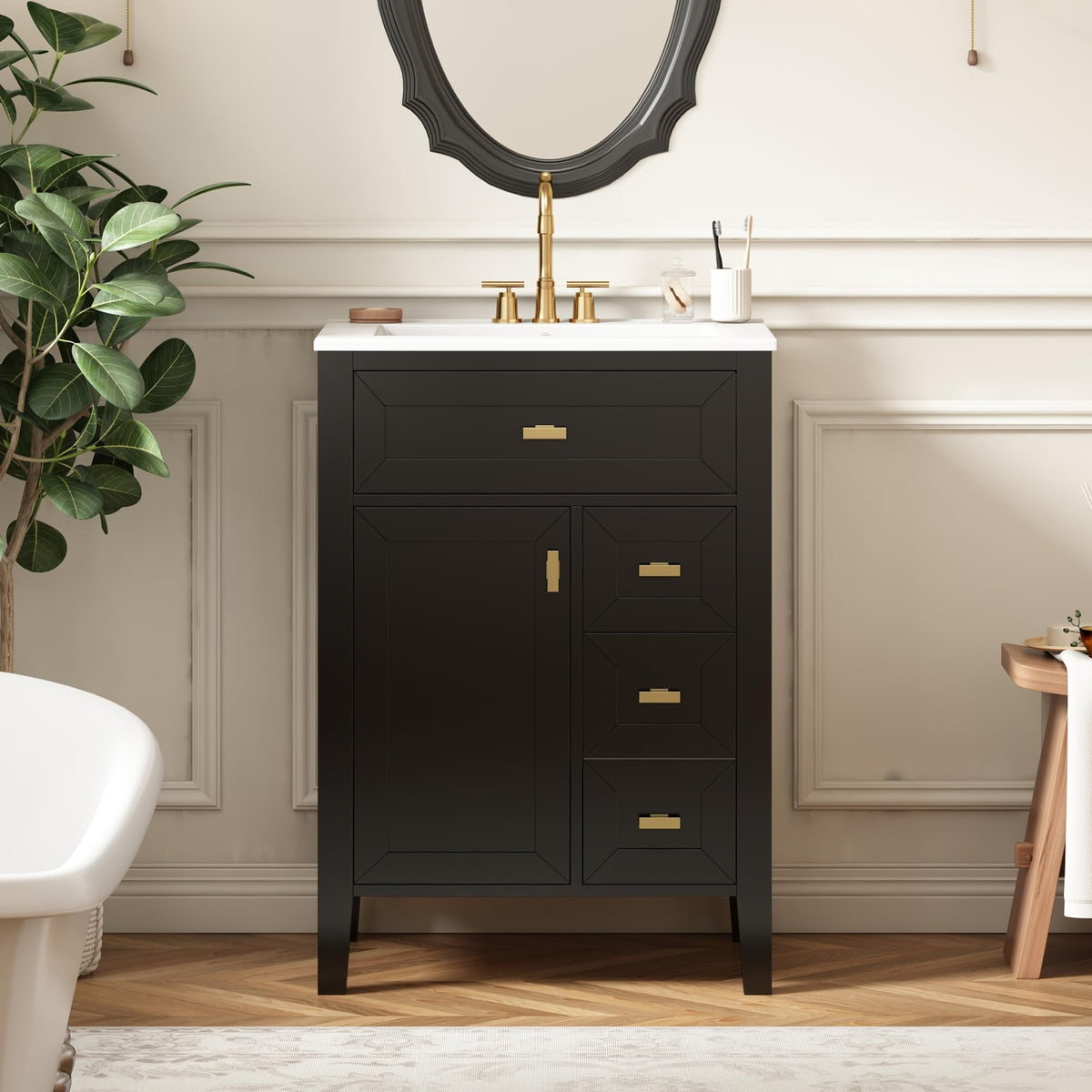 36 Inch Bathroom Vanities with Undermount Ceramic Sink, Storage Cabinet with Soft Closing Doors and Three Drawers, Solid Wood Frame, Natural Wood