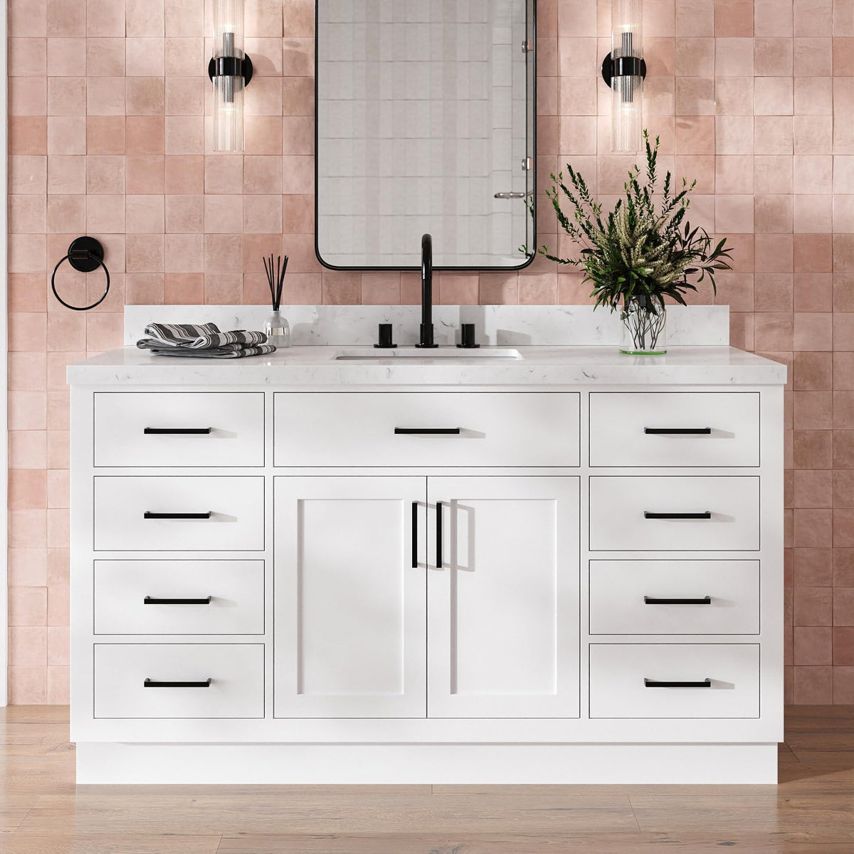 DKB Isabella 60 Inch Bathroom Vanity Single Sink â White Bathroom Vanity with Sink, 1.5" Edge Carrara White Quartz Countertop, Solid Wood, 2 Soft-Close Doors, 8 Dovetail Drawers + Tilt Drawer
