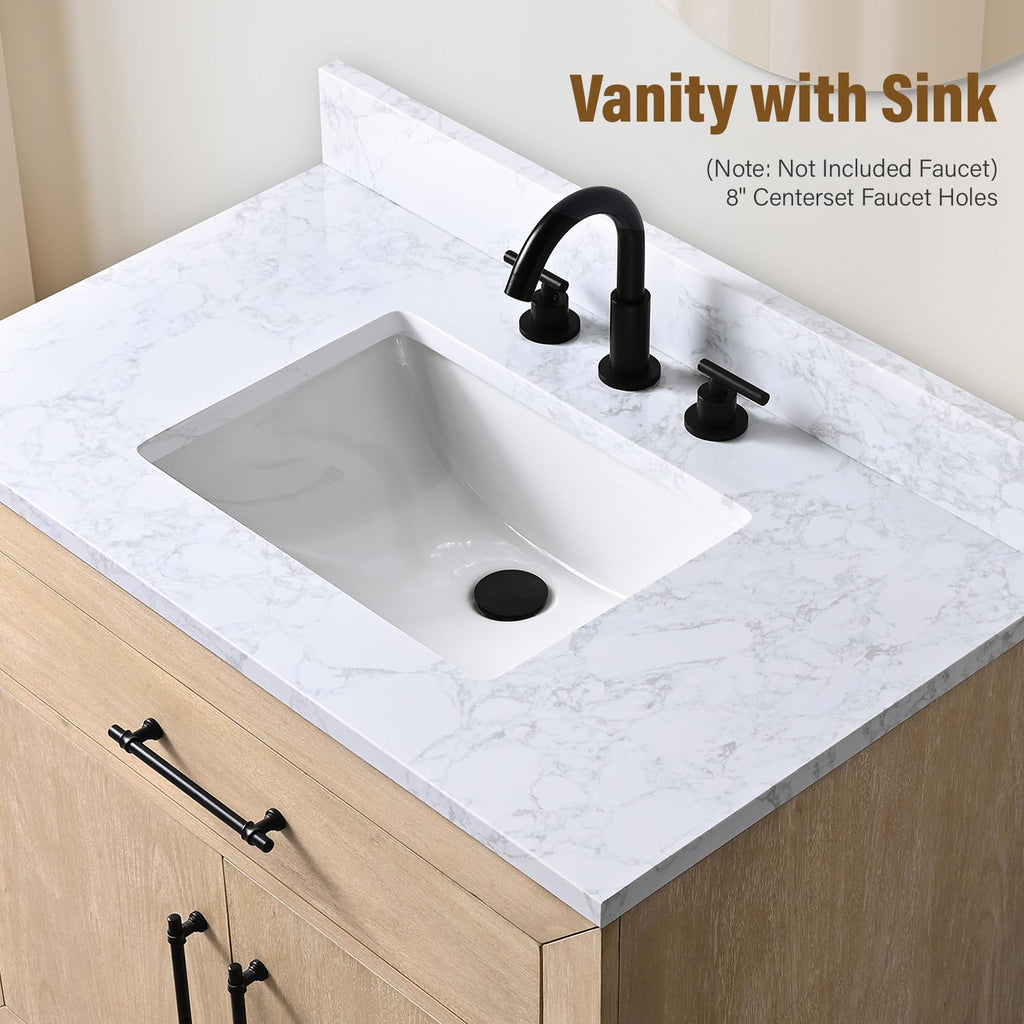 HOMEBEYOND 72" Bathroom Vanity with Double Sink & Ceramic Top, MDF Material Vanity Cabinet with Basin Combo, Soft-Closing Doors, Removable Shelf, Backsplash, Tan