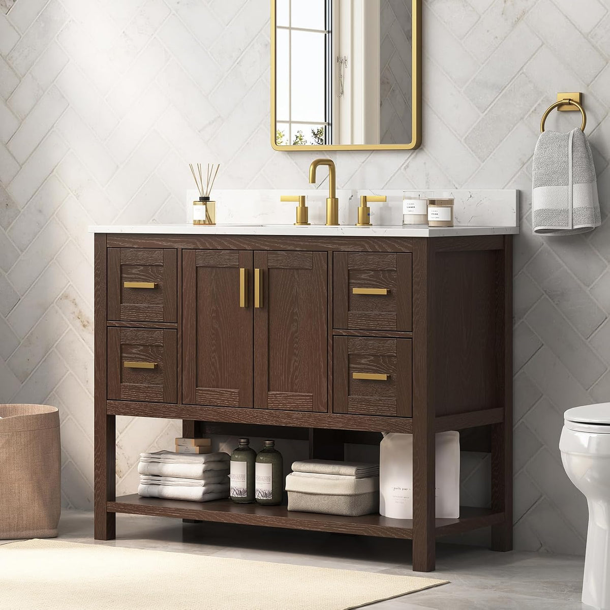 42 Inch Bathroom Vanity with Sink, Fully-Assembled, Walnut