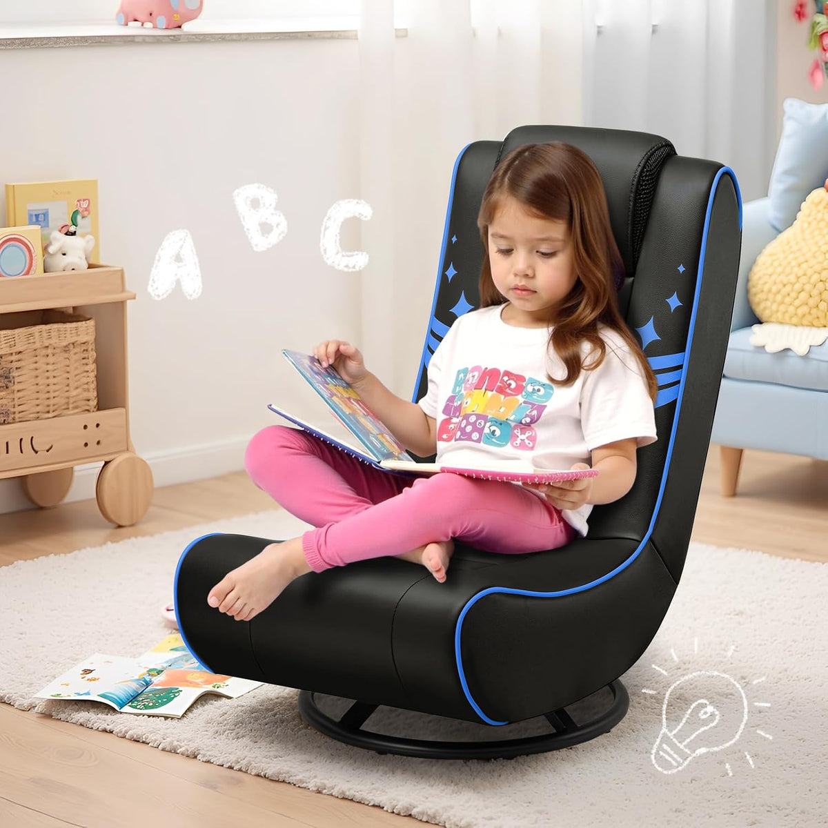 GTPLAYER Floor Gaming Chair Foldable Swivel Floor Chairs for Kids Boys Comfy Video Game Seat with 360Â° Multipurpose for Gamers, Bedroom or Game Room(Black-Blue)