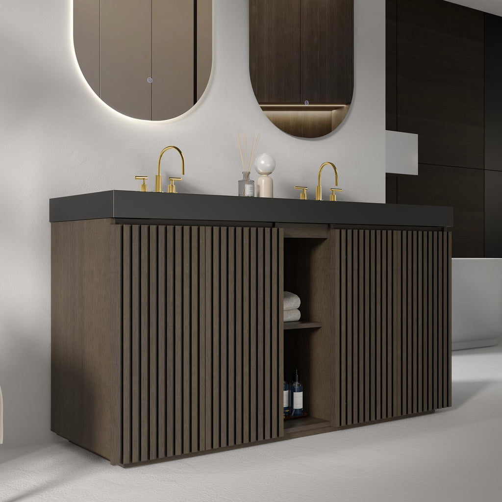 36â Modern Bathroom Vanity with Black Sink, Smoked Brown