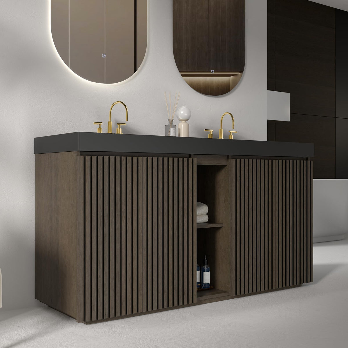 36â Modern Bathroom Vanity with Black Sink, Smoked Brown