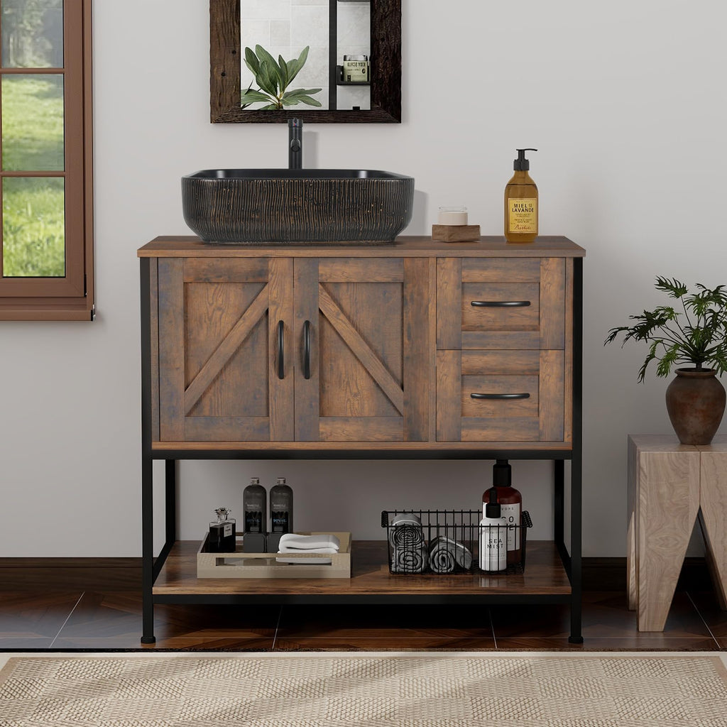 YOURLITE 36-Inch Farmhouse Bathroom Vanity with Vessel Sink, Rustic Brown