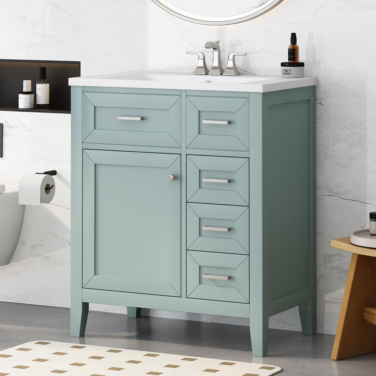 36 Inch Bathroom Vanities with Undermount Ceramic Sink, Storage Cabinet with Soft Closing Doors and Three Drawers, Solid Wood Frame, Natural Wood