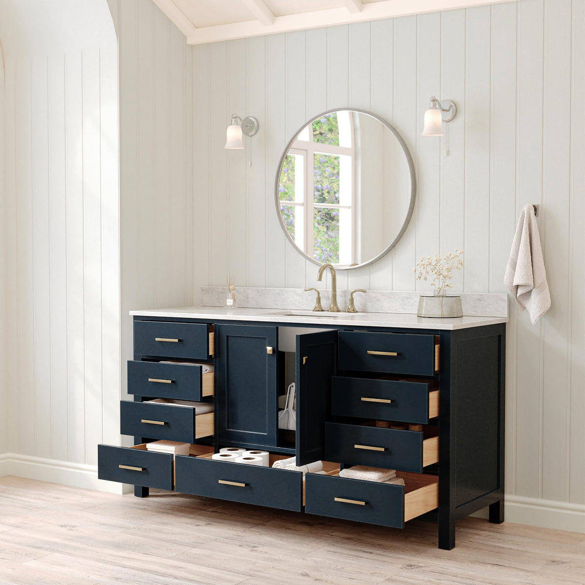 ARIEL Cambridge 66-inch Bathroom Vanity with Sink,Solid Wood, 1.5-inch Italian Carrara Marble Countertop, Single Rectangular Porcelain Sink, 2 Soft Closing Doors, 9 Dovetail Drawers, Midnight Blue