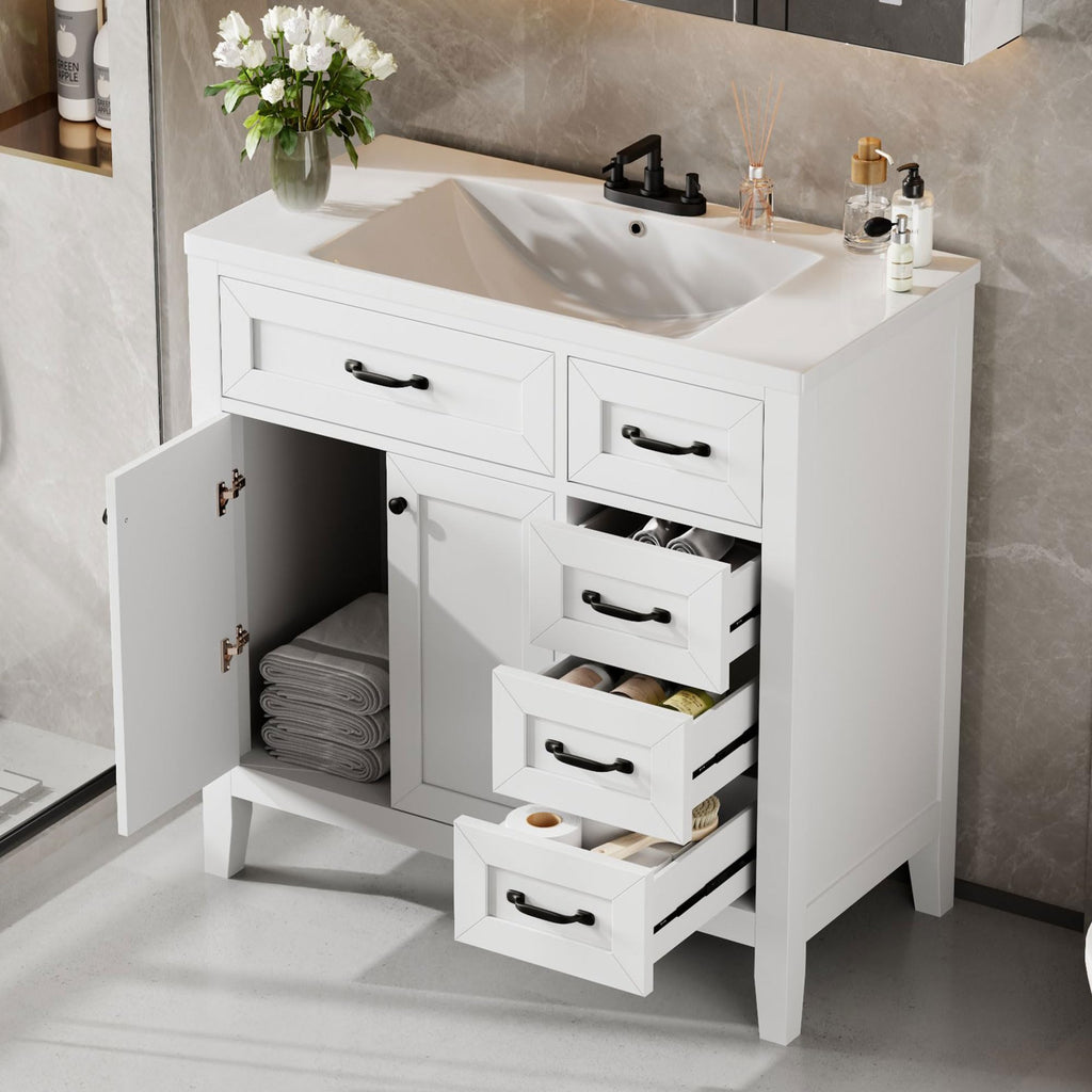 36 Inch Bathroom Vanities with Undermount Ceramic Sink, Storage Cabinet with Soft Closing Doors and Three Drawers, Solid Wood Frame, Natural Wood