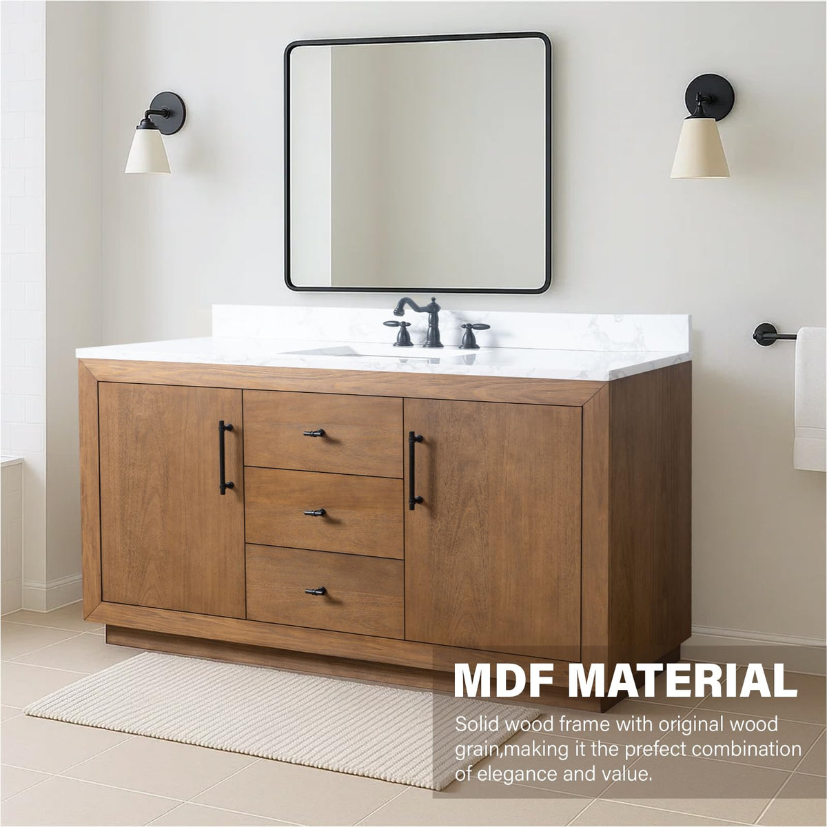 HOMEBEYOND 72" Bathroom Vanity with Double Sink & Ceramic Top, MDF Material Vanity Cabinet with Basin Combo, Soft-Closing Doors, Removable Shelf, Backsplash, Tan
