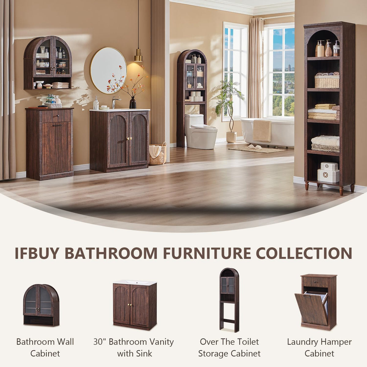 IFBUY 30 Inch Arched Bathroom Vanity with Sink, Fluted Design, Natural Oak
