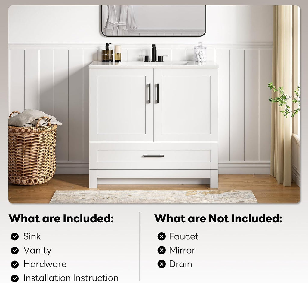 LIKIMIO 36" Bathroom Vanity with Sink, 1 Soft-Close Drawer & 2 Doors, White