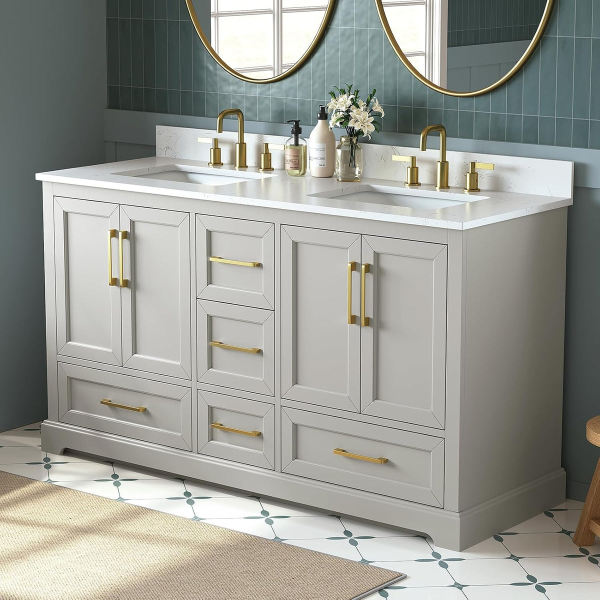 60 Inch Bathroom Vanity with Double Sink Combo, Greige