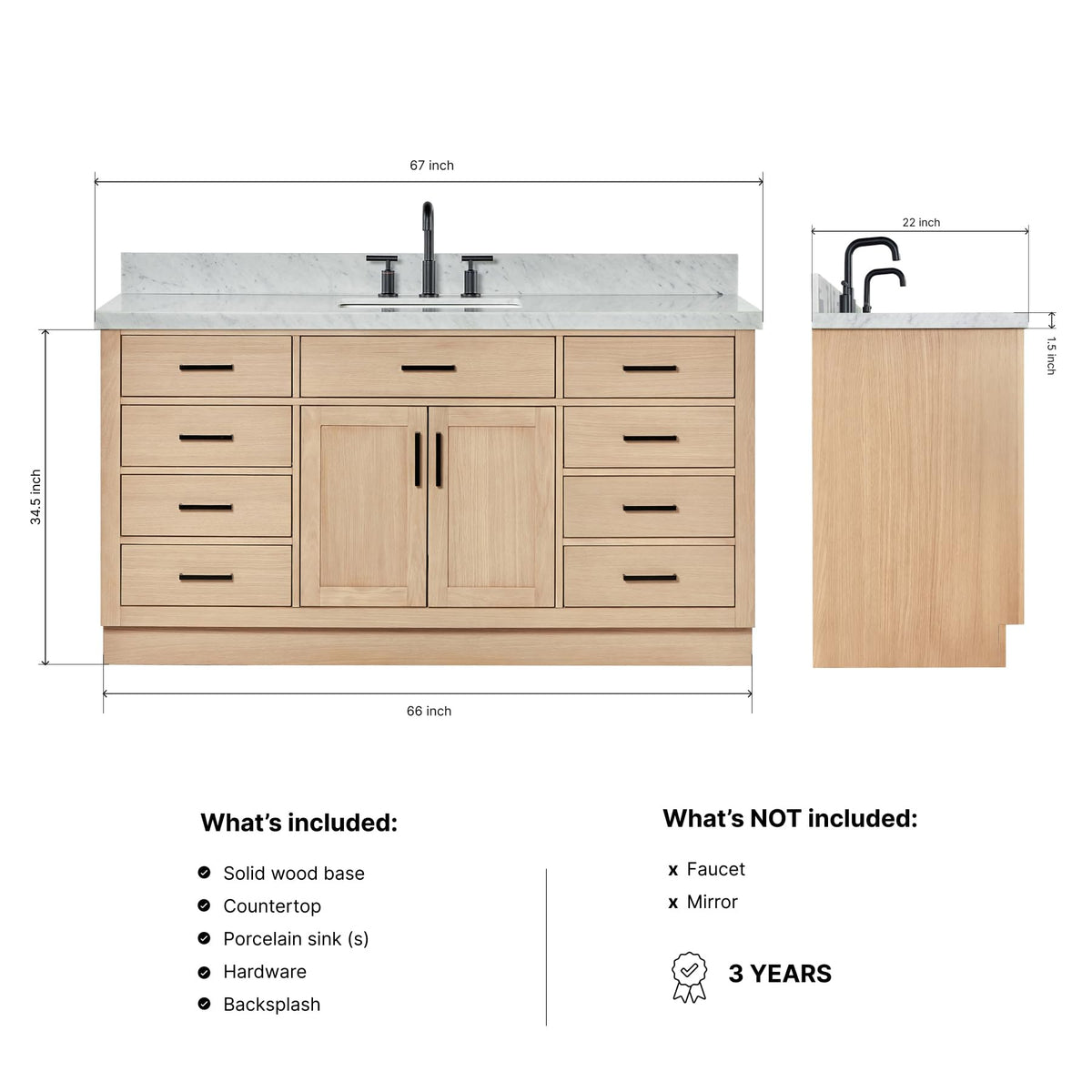 ARIEL Hepburn 66-inch Bathroom Vanity with Sink,Solid Wood, 1.5-inch Pure White Quartz Countertop & Backsplash, Single Rectangular Porcelain Sink, 2 Soft Closing Doors, 9 Dovetail Drawers, White