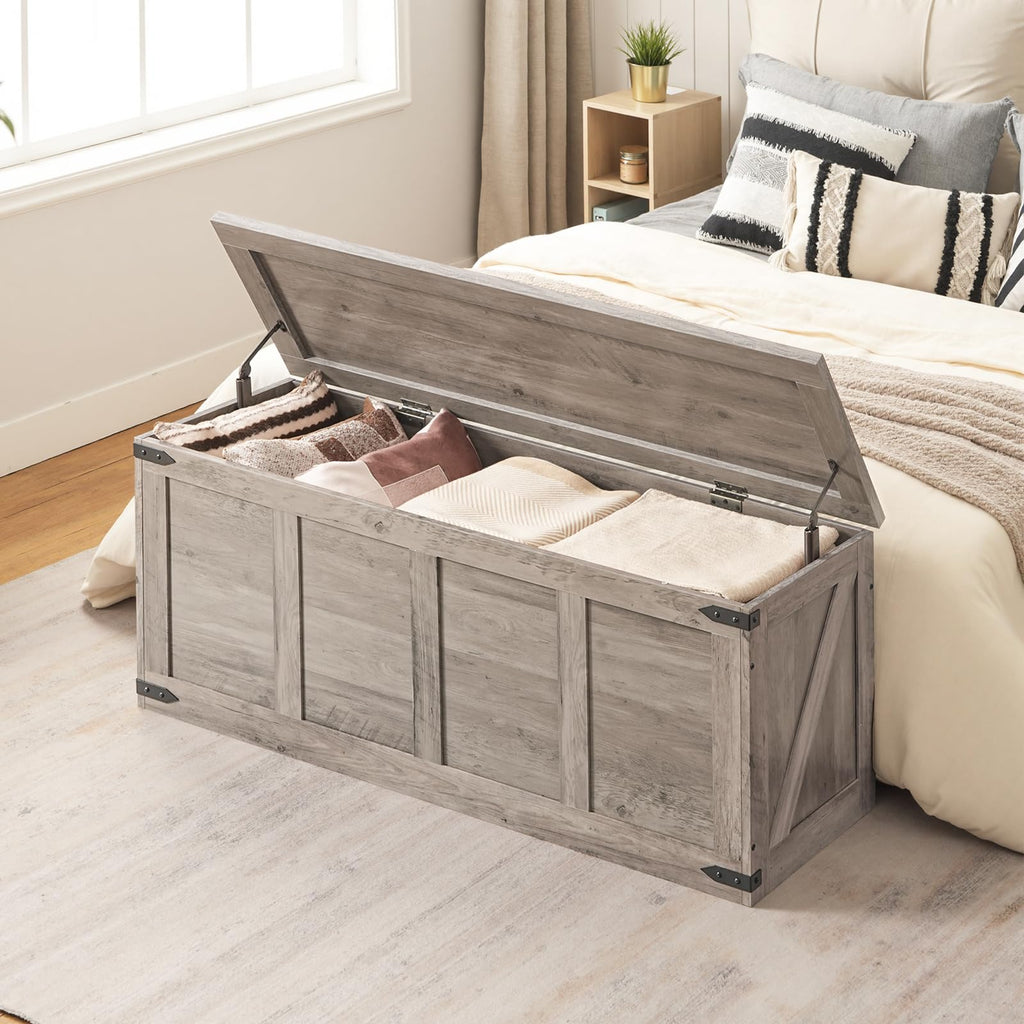 HOOBRO 47.2âStorage Bench Large, Toy Box with 2 Safety Hinges, Farmhouse Wooden Storage Chest, Easy Assembly for Bedroom, Living Room, Entryway, White and Walnut WH520CW01