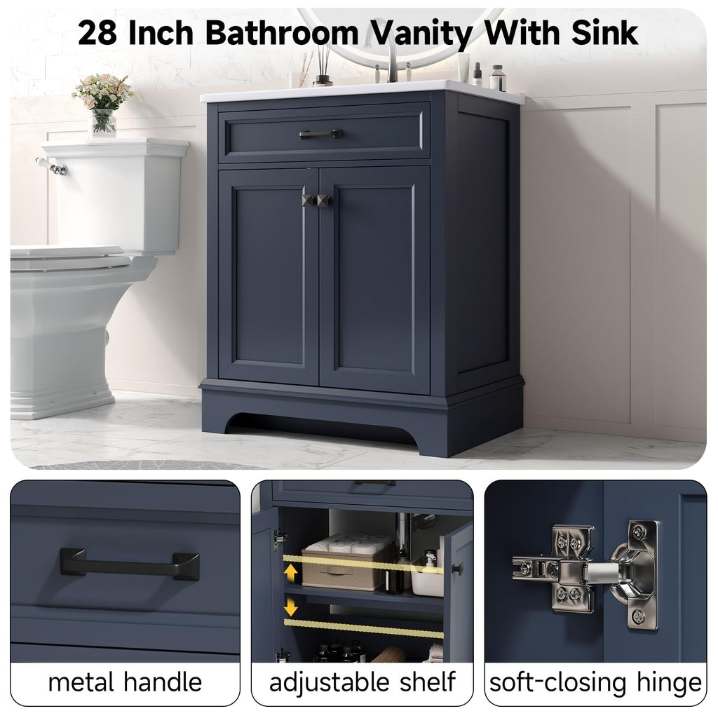 ONBRILL 28" Bathroom Vanity with Ceramic Sink, Soft Close Doors,White