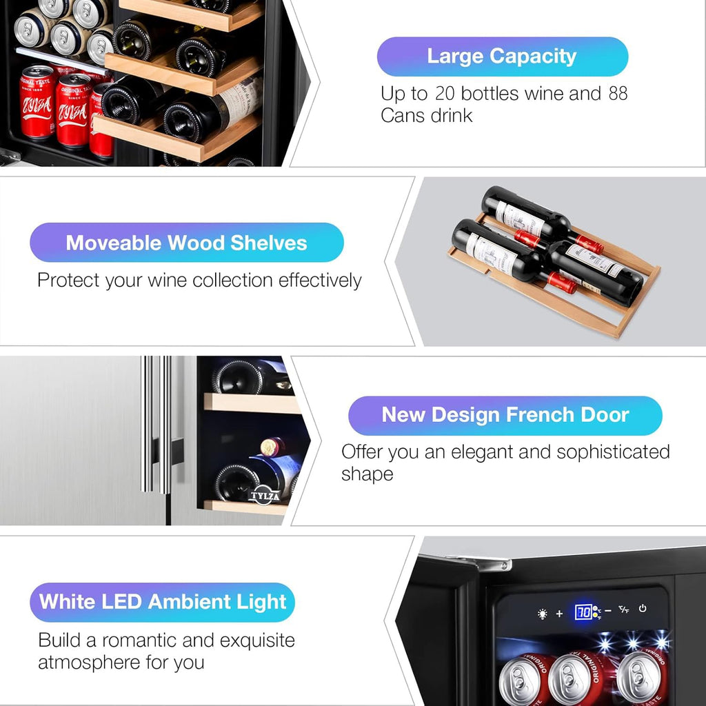 Tylza 24" Dual Zone Wine and Beverage Cooler Quiet Compressor