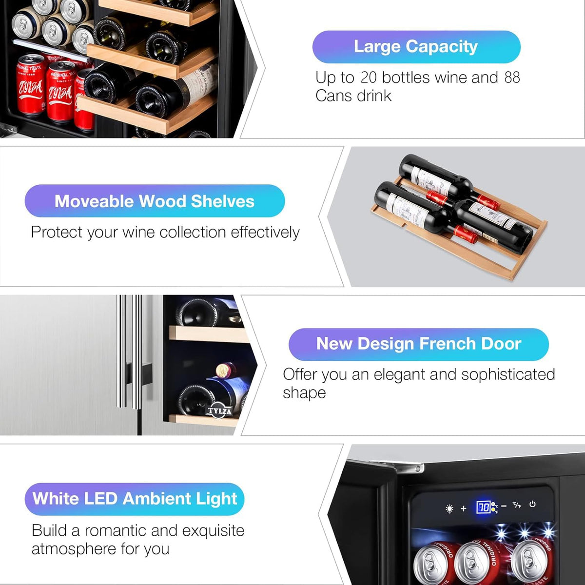 Tylza 24" Dual Zone Wine and Beverage Cooler Quiet Compressor