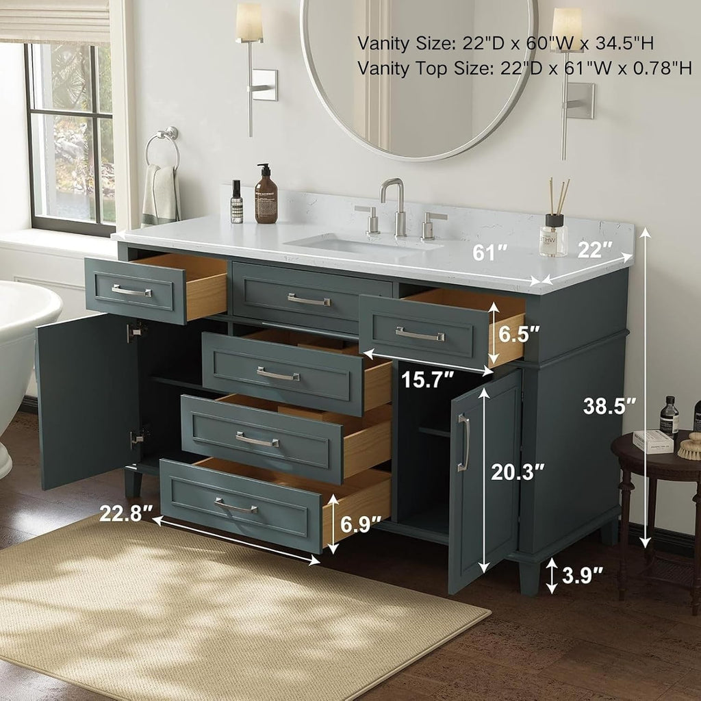 60 Inch Bathroom Vanity with Sink, Fully Assembled, Green