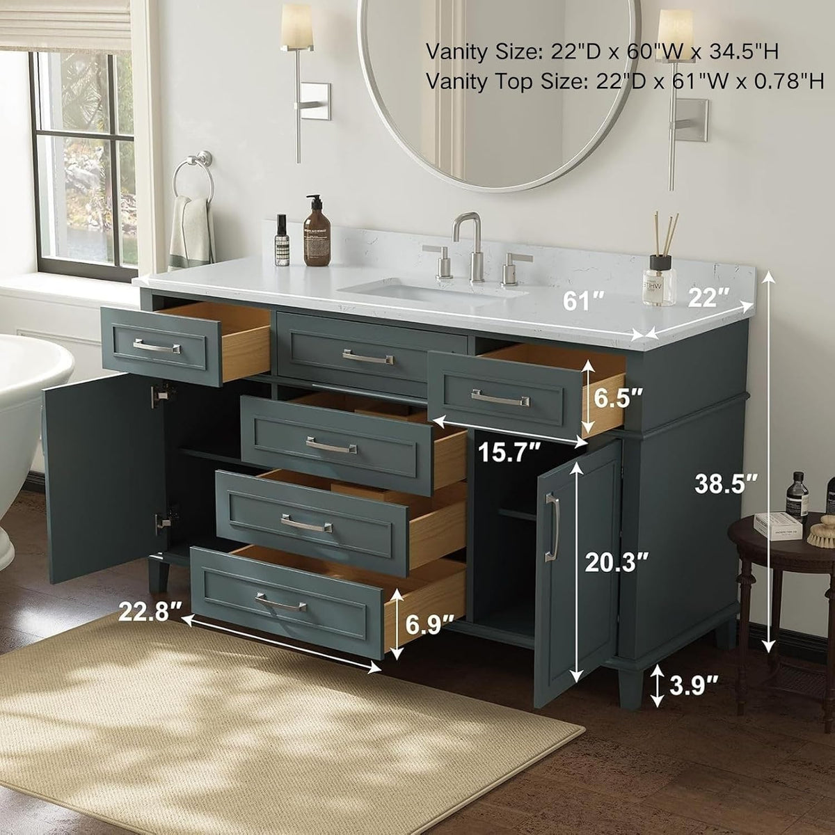 60 Inch Bathroom Vanity with Sink, Fully Assembled, Green