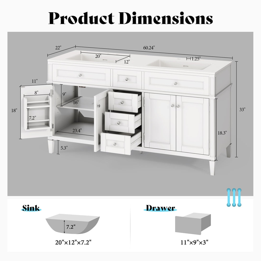 AMERLIFE 60â³ Bathroom Vanity with Sink Combo & 3 Storage Drawers