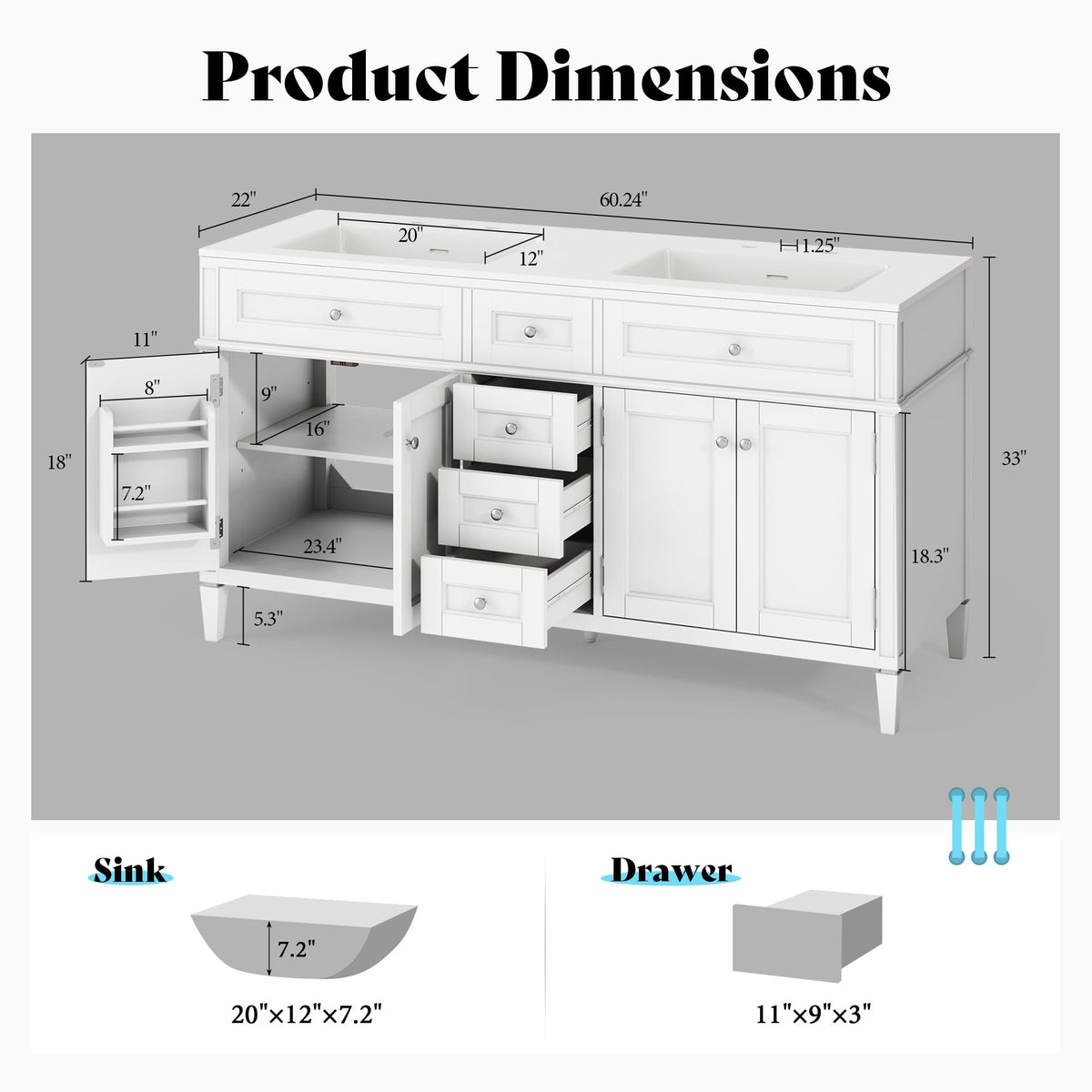 AMERLIFE 60â³ Bathroom Vanity with Sink Combo & 3 Storage Drawers