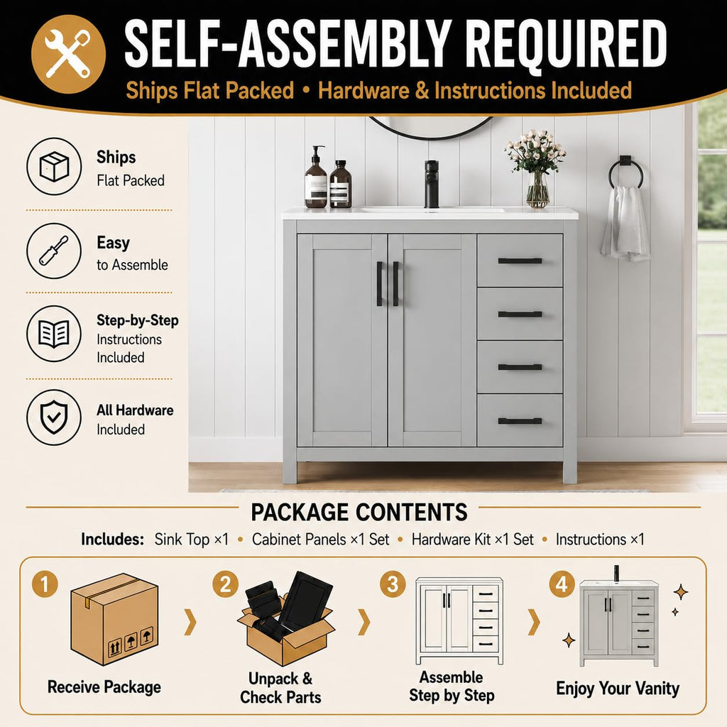 36 Inch Modern Bathroom Vanity with Sink, Black