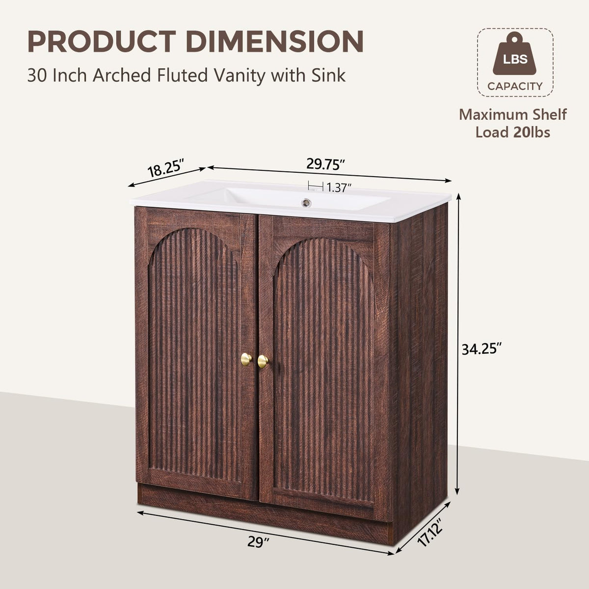 IFBUY 30 Inch Arched Bathroom Vanity with Sink, Fluted Design, Natural Oak