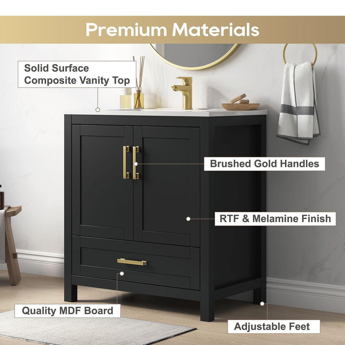 36 Inch Modern Bathroom Vanity with Sink, Black