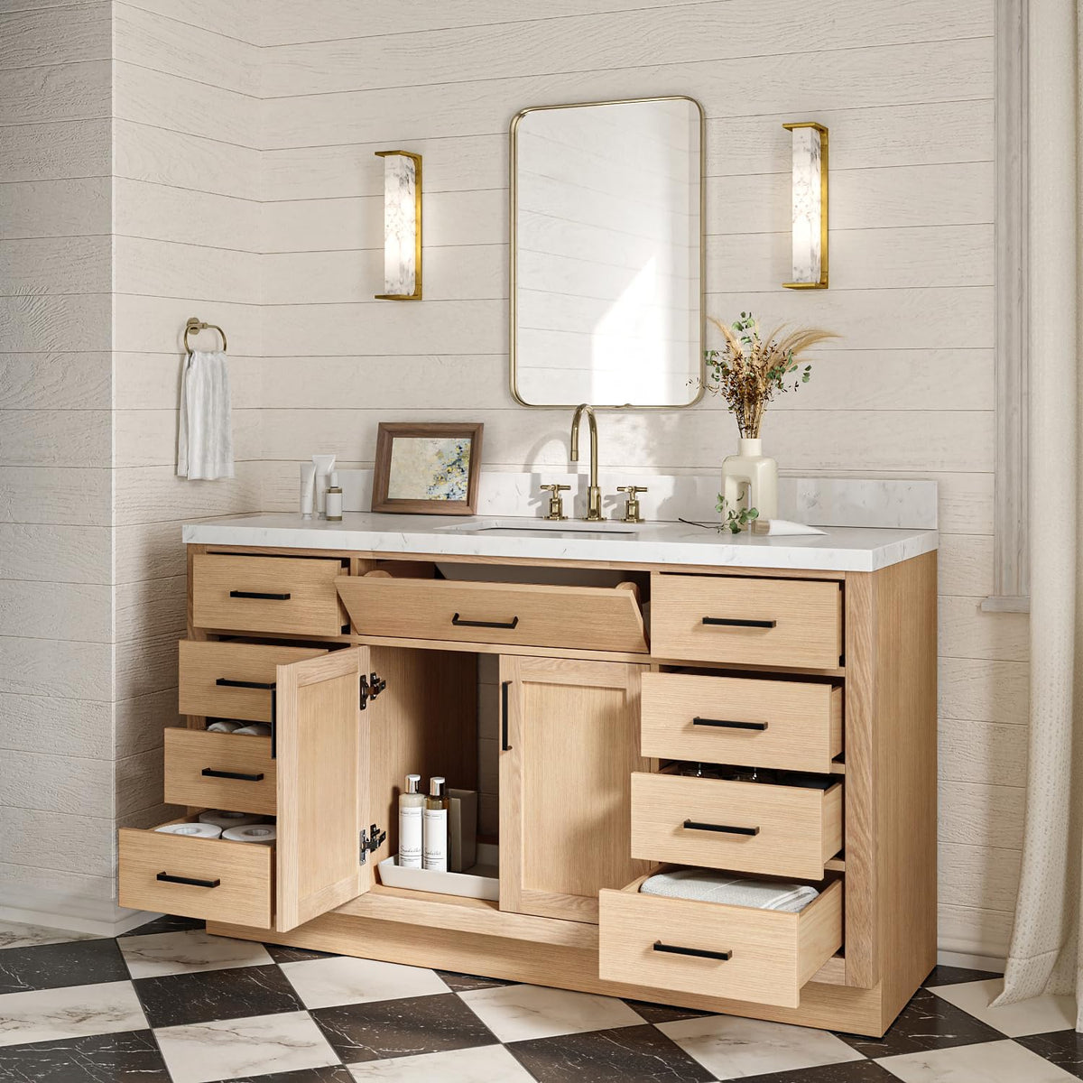 ARIEL Hepburn 60-inch Bathroom Vanity with Sink,Solid Wood, 1.5-inch Carrara White Quartz Countertop & Backsplash, Single Rectangular Porcelain Sink, 2 Soft Closing Doors, 9 Dovetail Drawers, Black