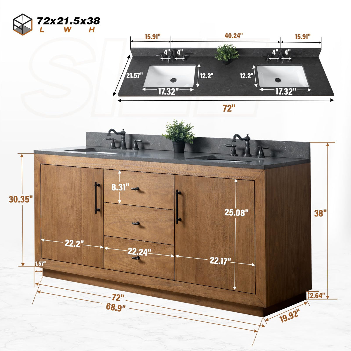 HOMEBEYOND 72" Bathroom Vanity with Double Sink & Ceramic Top, MDF Material Vanity Cabinet with Basin Combo, Soft-Closing Doors, Removable Shelf, Backsplash, Tan