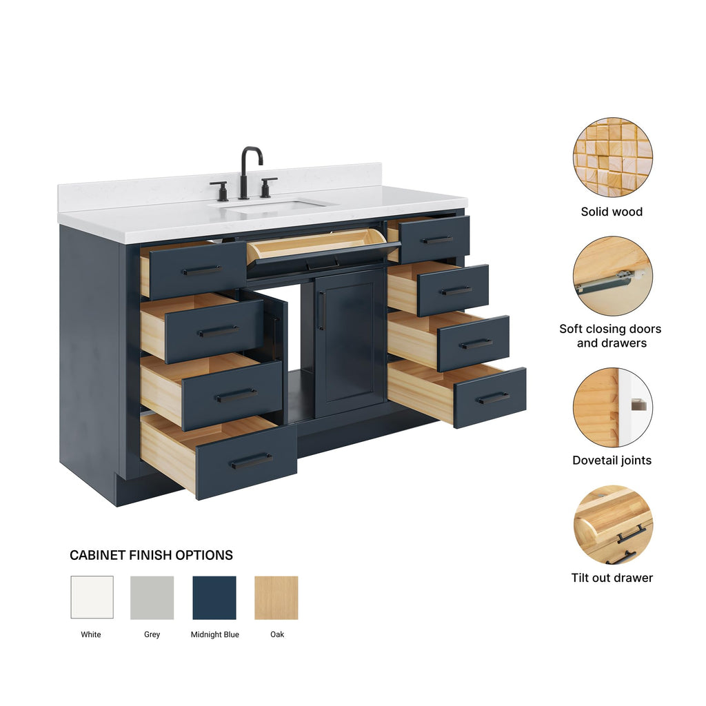 ARIEL Hepburn 60-inch Bathroom Vanity with Sink,Solid Wood, 1.5-inch Carrara White Quartz Countertop & Backsplash, Single Rectangular Porcelain Sink, 2 Soft Closing Doors, 9 Dovetail Drawers, Black