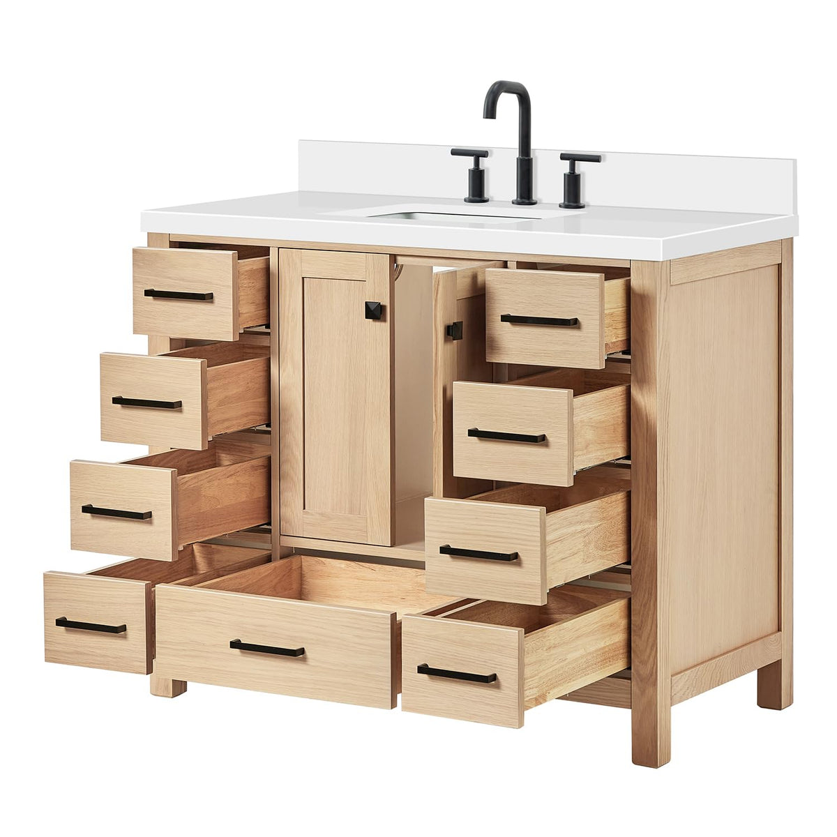 DKB Beckford 42-Inch White Bathroom Vanity with Sink, Solid Wood Base Cabinet, 1.5" White Quartz Countertop, Rectangular Sink, 2 Soft Closing Doors, 9 Drawers