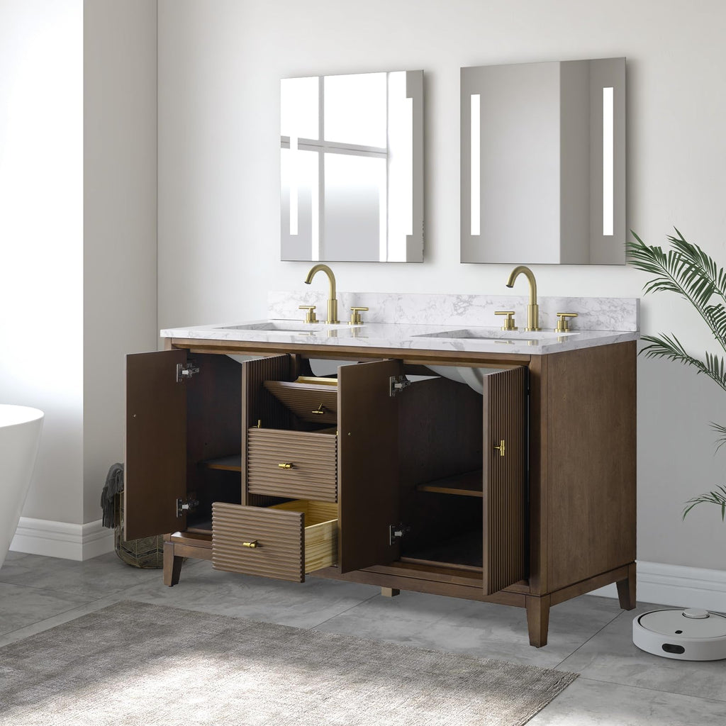 Vanity Art 72" Bathroom Vanity with Double Sink & Arabescato White Engineered Stone Top, Vanity Cabinet with Soft Closing Door, Solid Wood Frame, Golden Brushed Handles, Walnut VA8172D-Walnut-GB