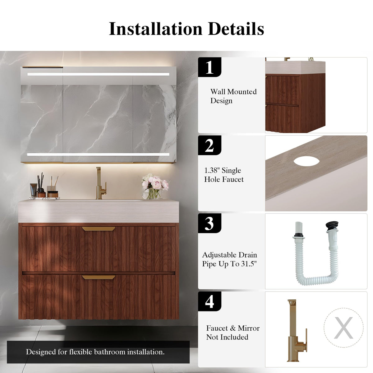 36 Inch Bathroom Vanity with Sink, Black Floating Wall Mounted Vanity