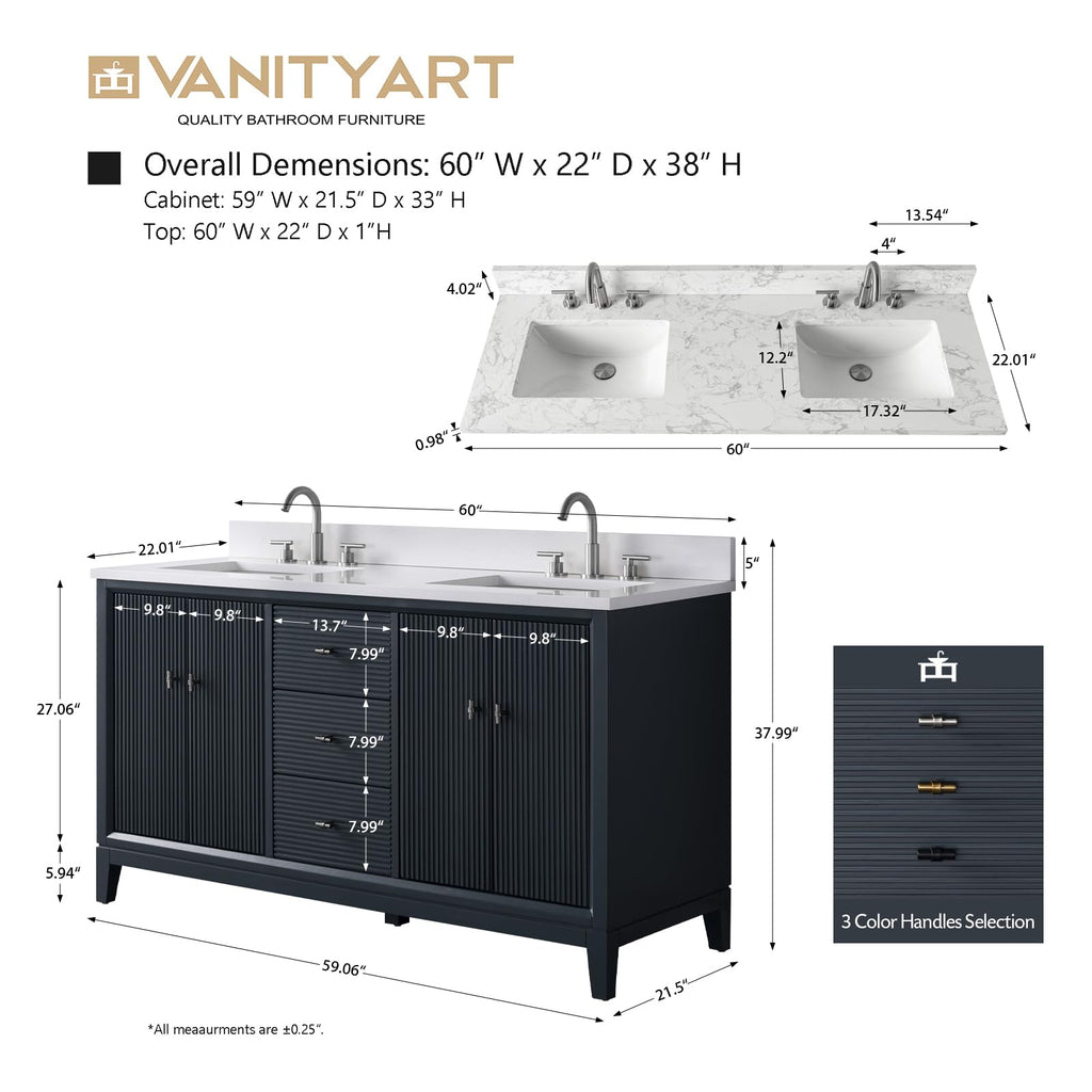 Vanity Art 72" Bathroom Vanity with Double Sink & Arabescato White Engineered Stone Top, Vanity Cabinet with Soft Closing Door, Solid Wood Frame, Golden Brushed Handles, Walnut VA8172D-Walnut-GB