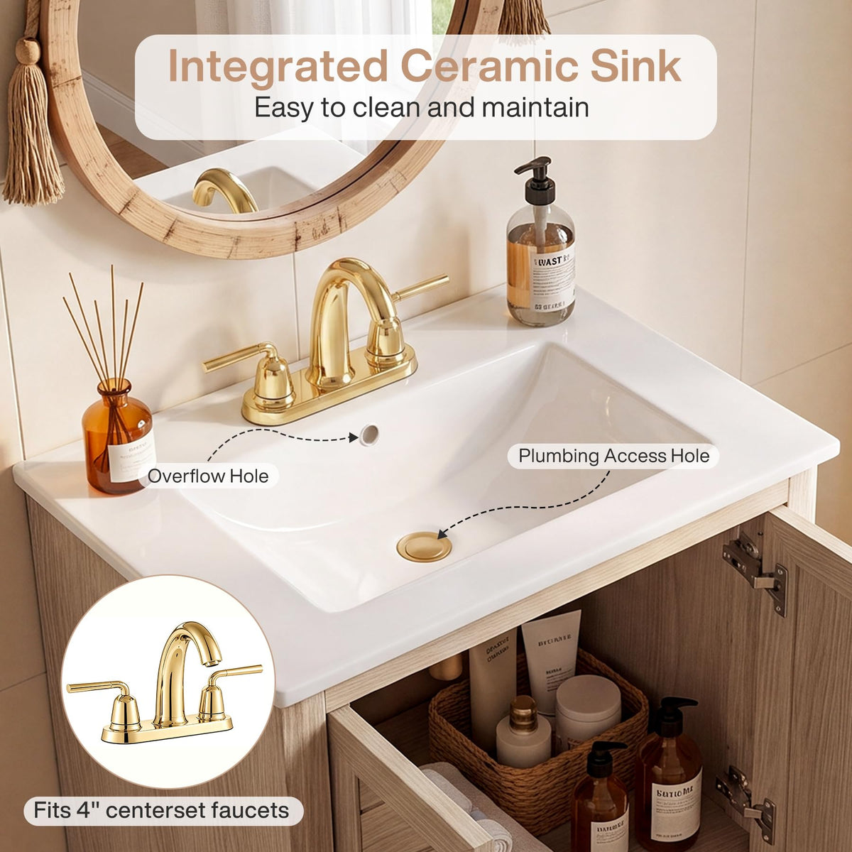 Tribesigns 30 Inch Bathroom Vanity with Sink, Water-Resistant Door, Walnut