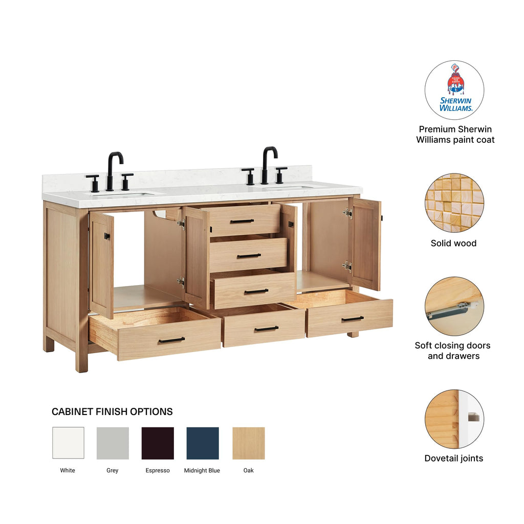 DKB Emilia 72 Inch Bathroom Vanity Double Sink â White Bathroom Vanity with Sink, 1.5" Edge Carrara White Quartz Countertop & Backsplash, 4 Soft-Close Doors, and 6 Dovetail Drawers