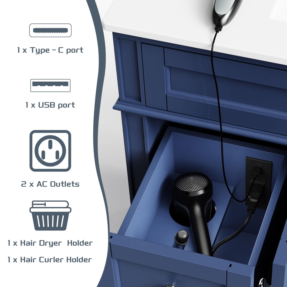 30" Bathroom Vanity with Sink, Solid Wood Frame Modern with Charging Station, Bathroom Single Sink Cabinet with 2 Drawers and 1 Doors, Gold Metal Handles, Black
