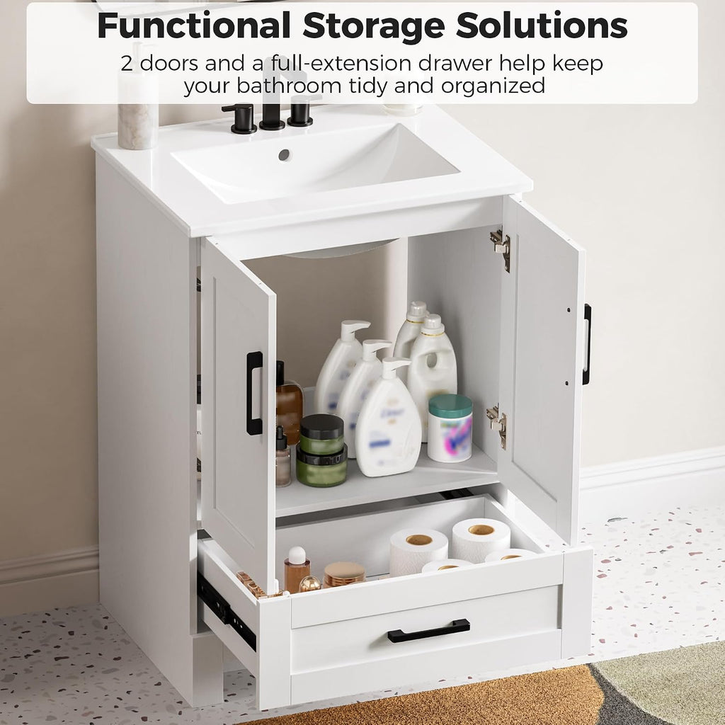 IRONCK 24" Bathroom Vanity with Sink, 1 Soft-Close Drawer & 2 Doors, White