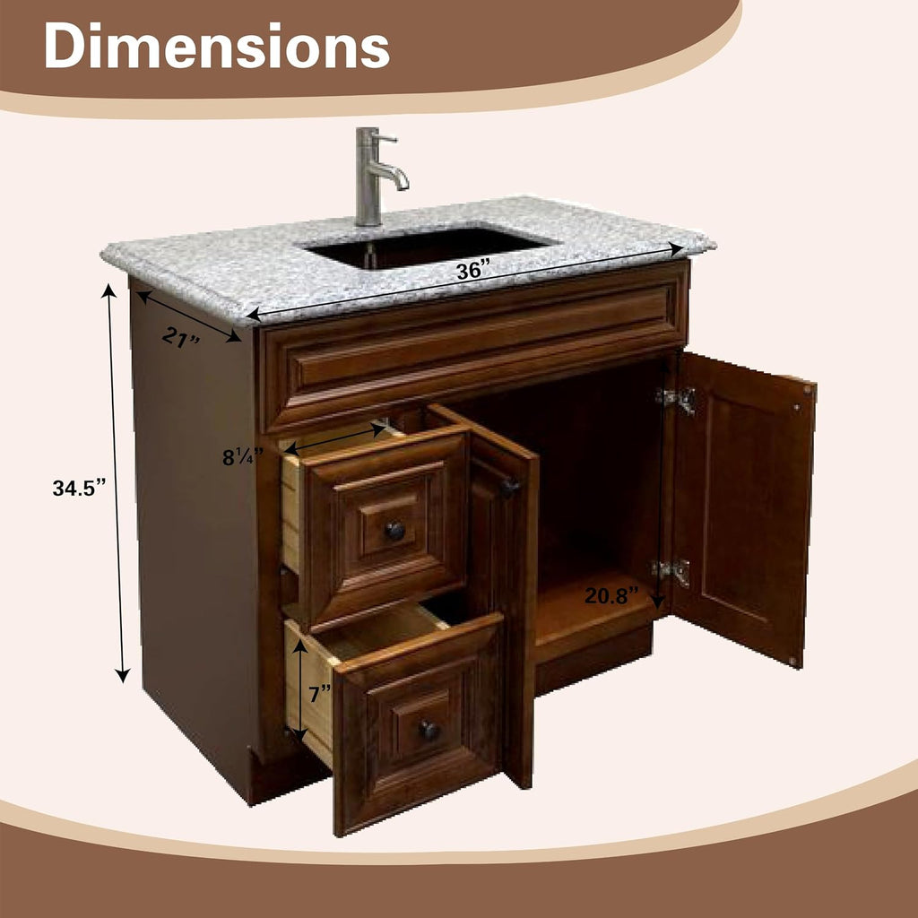 36" Maple Walnut Bathroom Vanity Base â Ready-to-Assemble Sink Cabinet with Drawers, Shaker Style Storage, Base Only, No Top or Sink